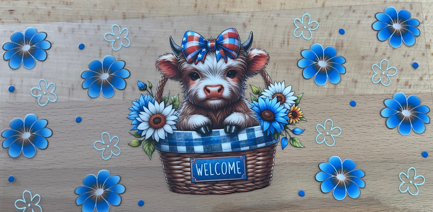 Cow Basket Blue Flowers - UV DTF Tumbler Wrap