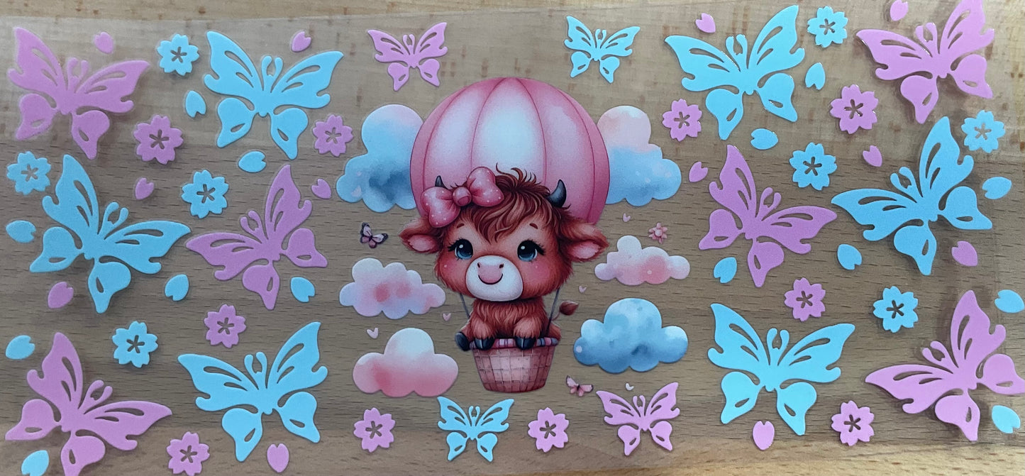 Cow Air Balloon Pink Blue Butterflies - UV DTF Tumbler Wrap