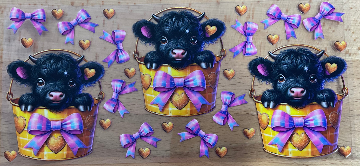 Black Cow Bucket Purple Bows - UV DTF Tumbler Wrap
