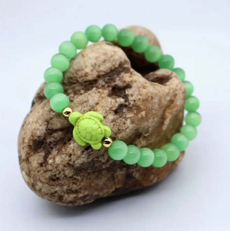 Beaded Bracelet - Green Aura Beads with Turtle Charm