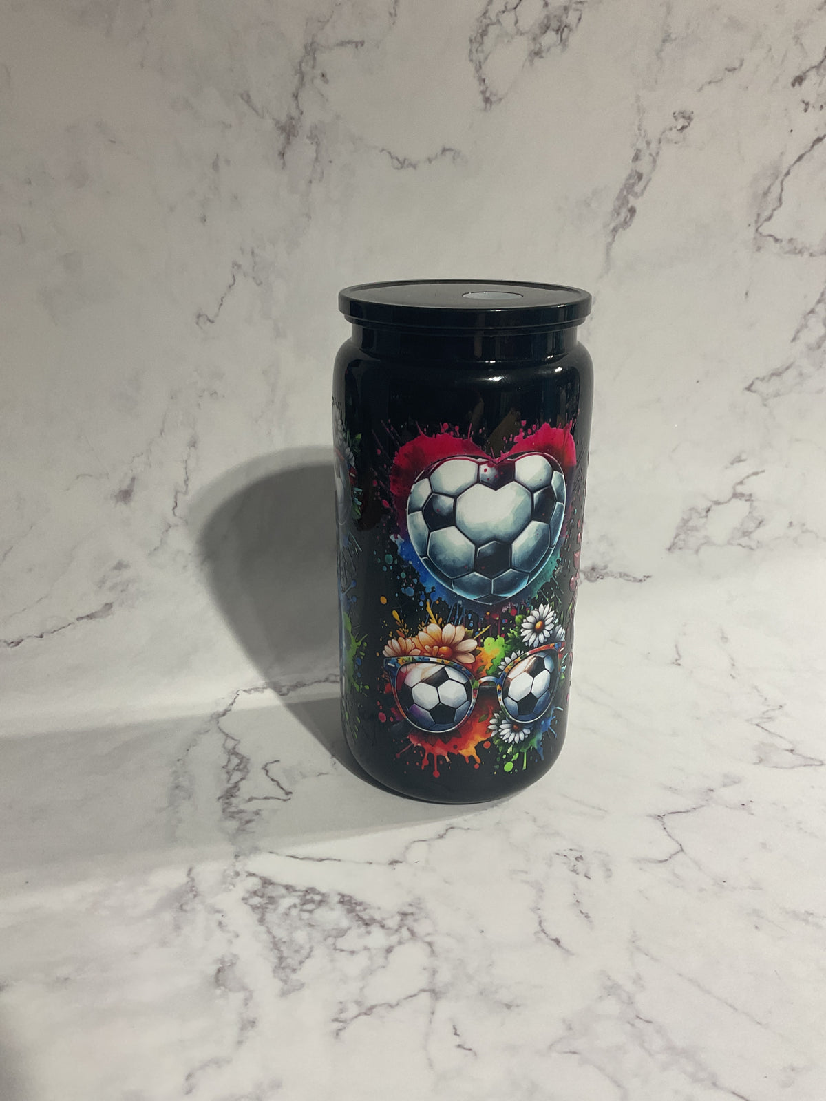 16oz Black Soccer - Premade NON-Snow Globe Tumbler