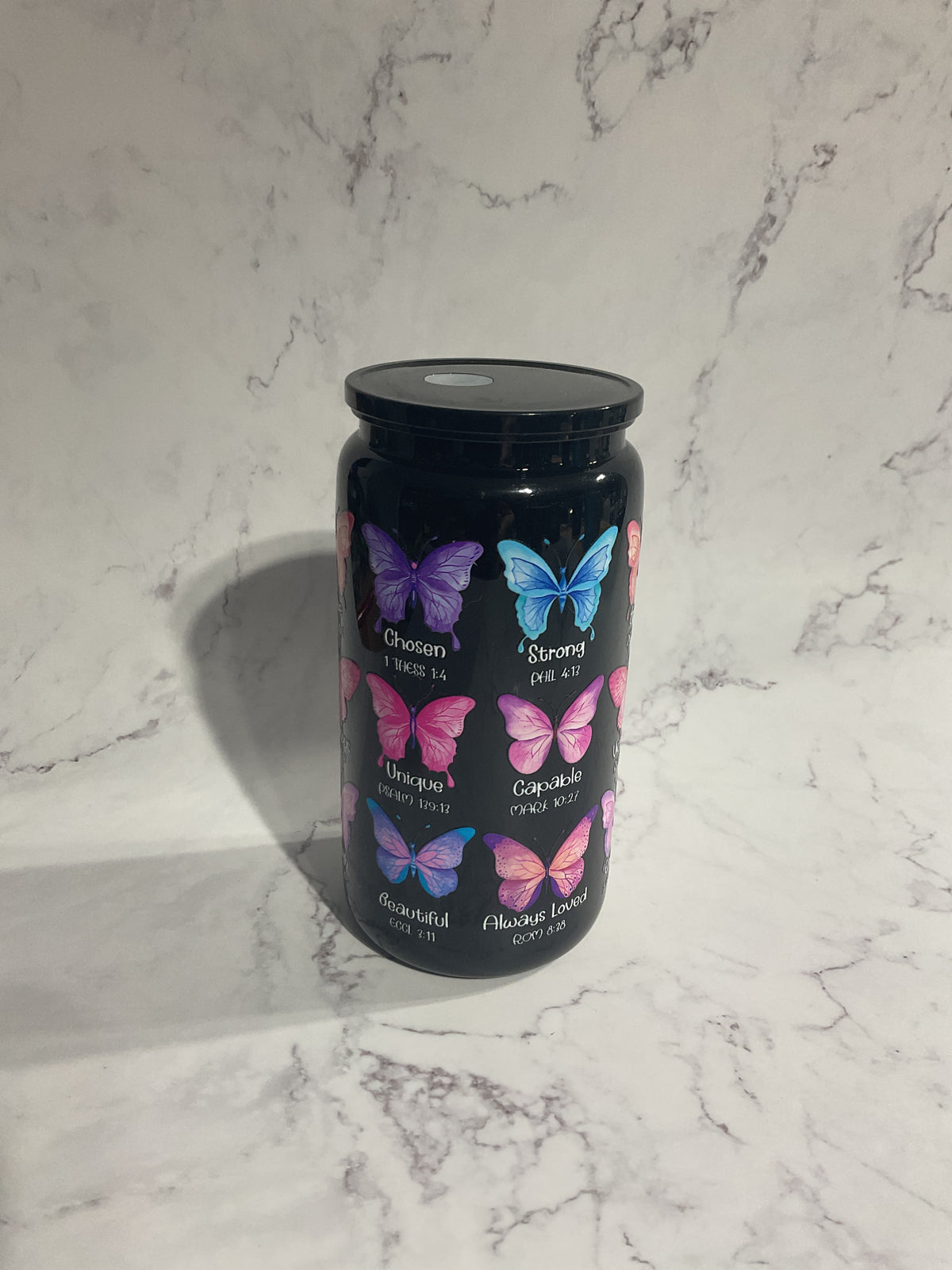 16oz God Says I Can Butterfly Scriptures - Black Premade NON-Snow Globe Tumbler
