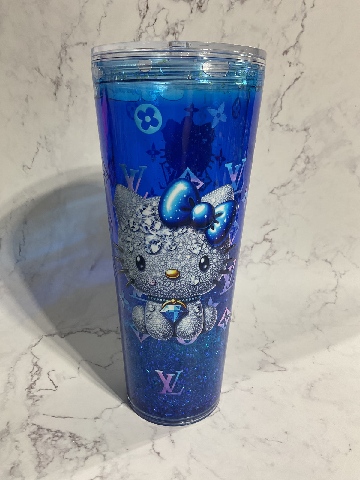 24oz HK LV Blue Bubble Glitter Shakable Lava Snow Globe Tumbler