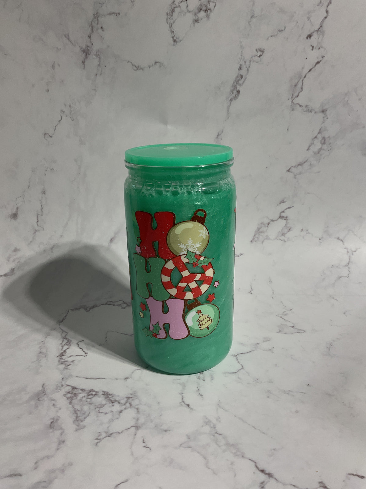 16oz Mint Shimmer Ho Ho Ho Christmas Snow Globe Tumbler