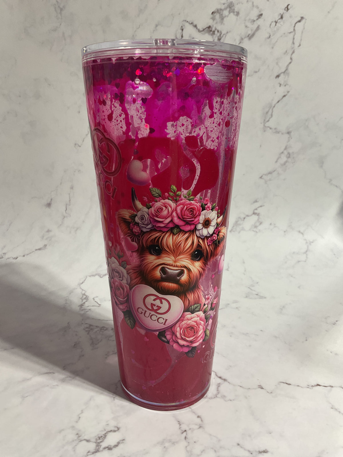 24oz G Highland Cow Holo Pink Mini Hearts Lava Snow Globe Tumbler