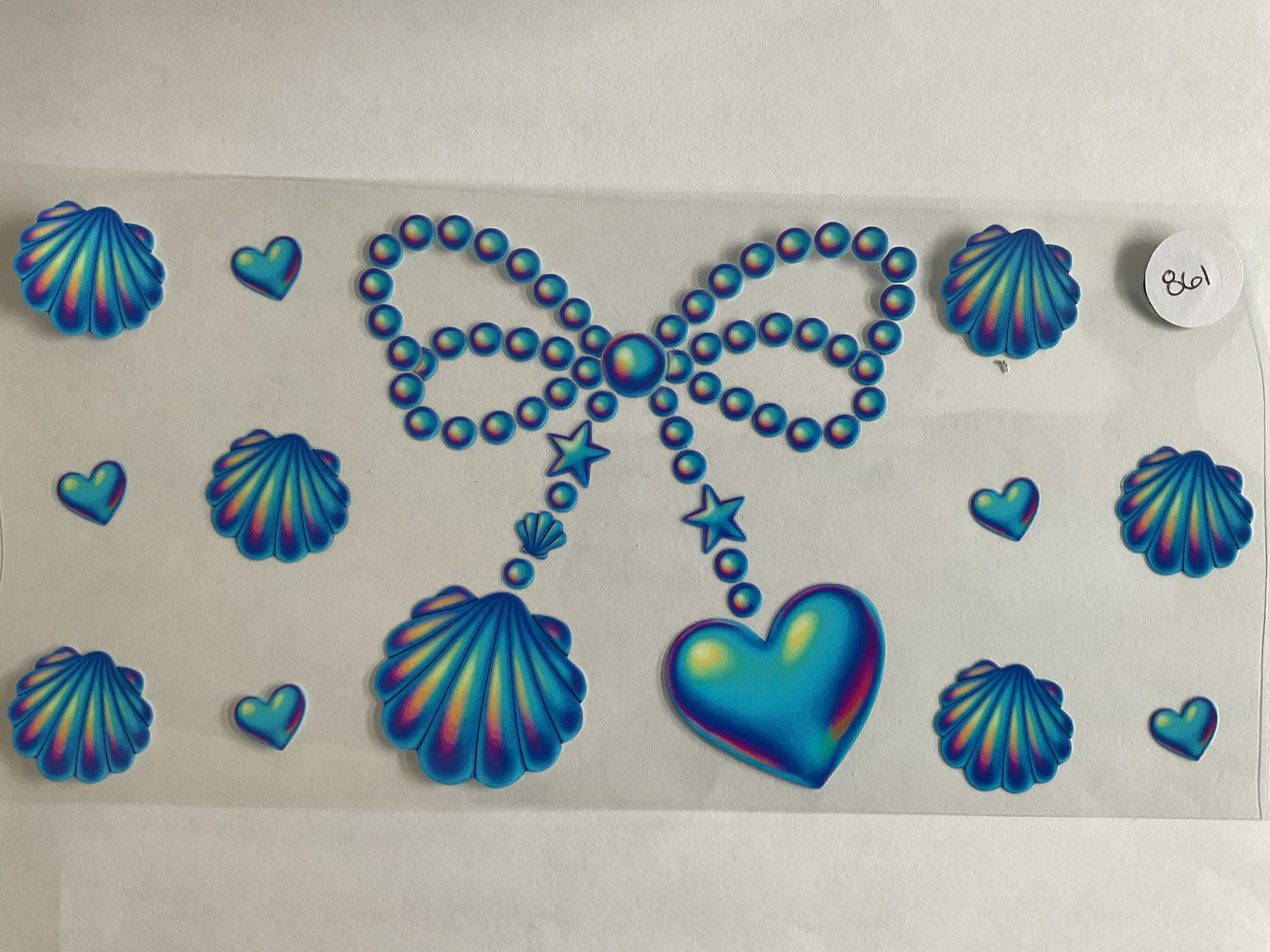 #861 - Blue Pearls Heart Shells - UV DTF