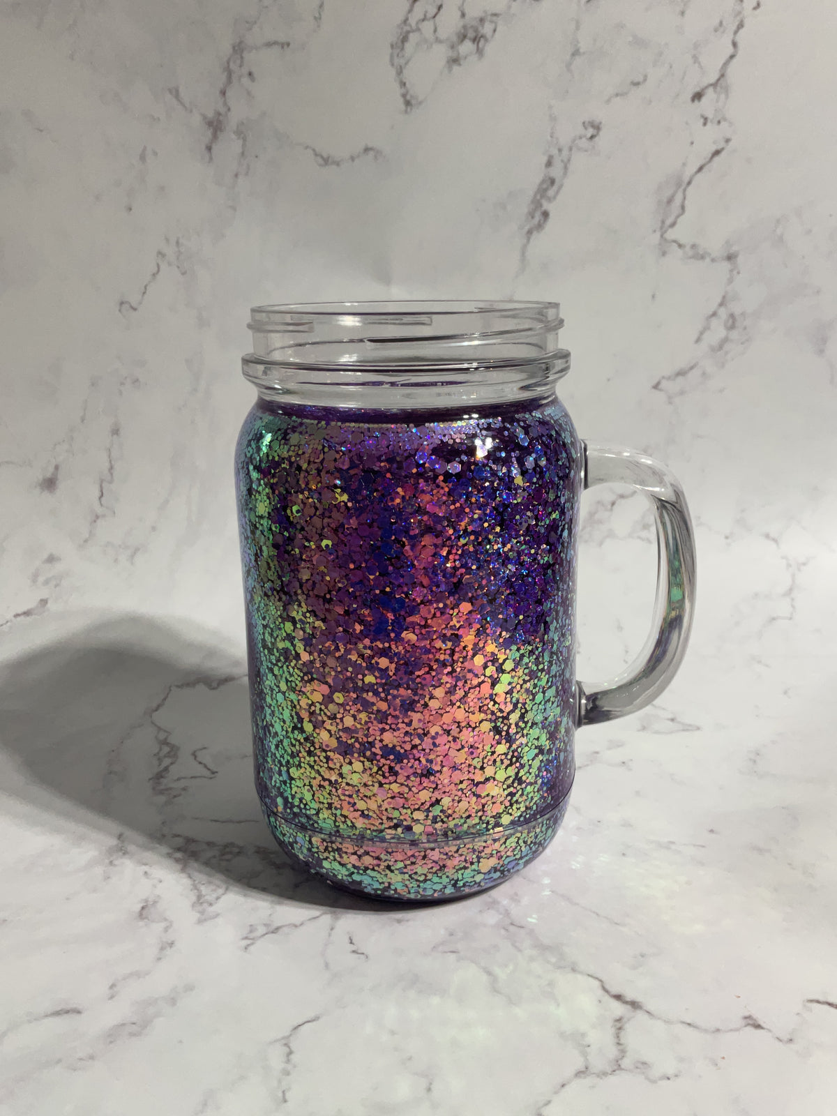 20oz Mason Purple Holographic Mermaid Suspended Glitter Snow Globe Tumbler