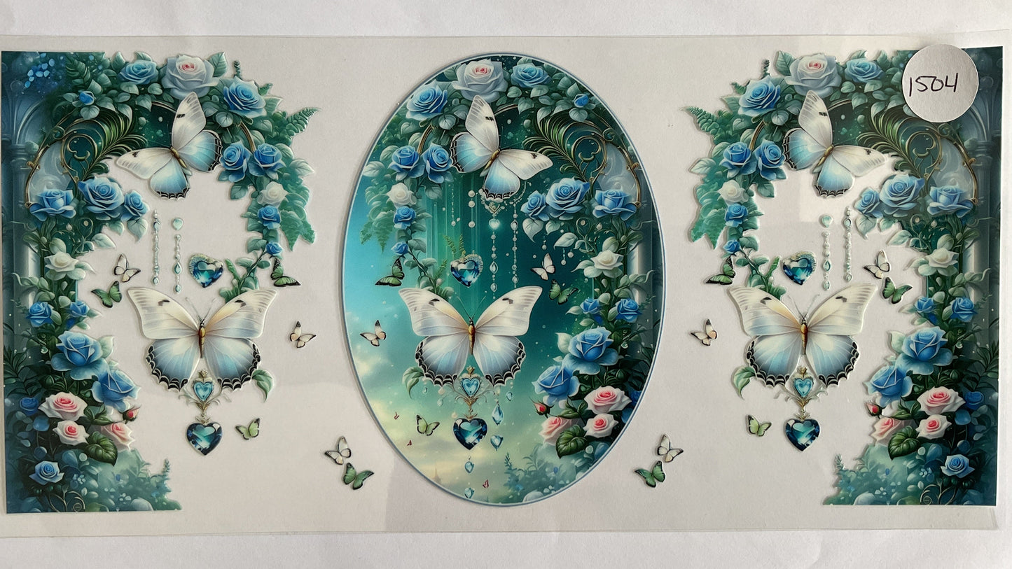 #1504 - Teal Blue Flowers Gems Butterflies - UV DTF