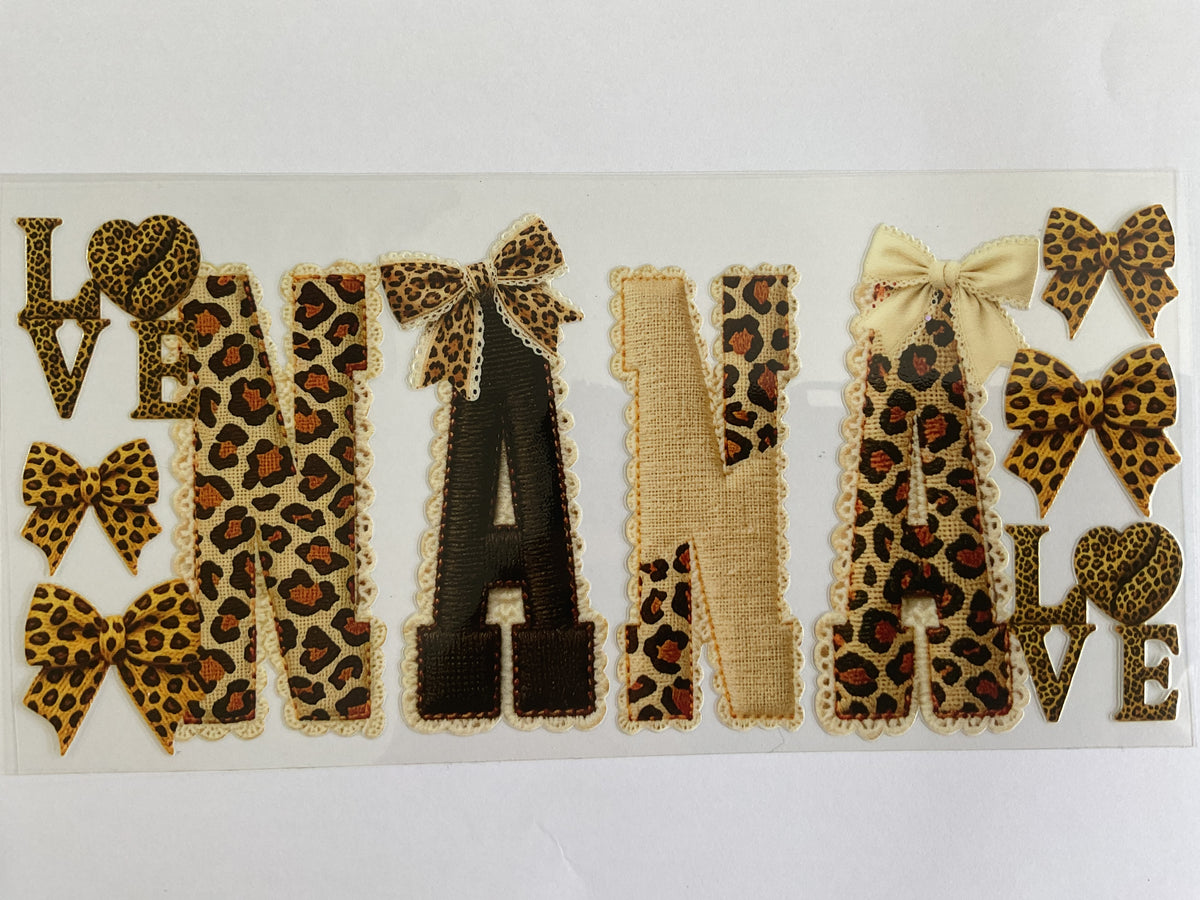 Nana Cross Stitch Leopard Print Bows - UV DTF Tumbler Wrap