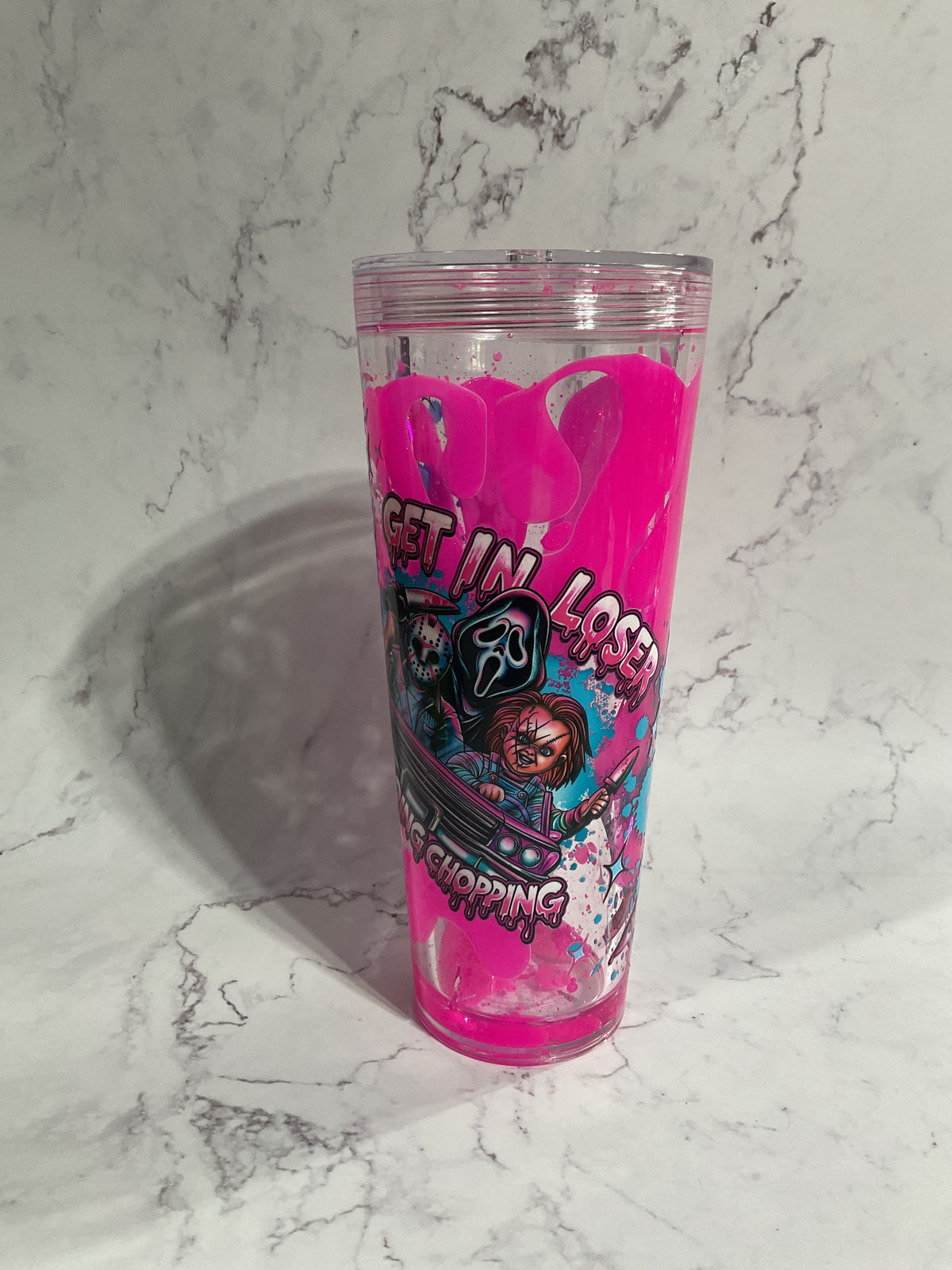Halloween - Get in Loser We’re Going Chopping - 24oz Pink Neon Lava Snow Globe Tumbler