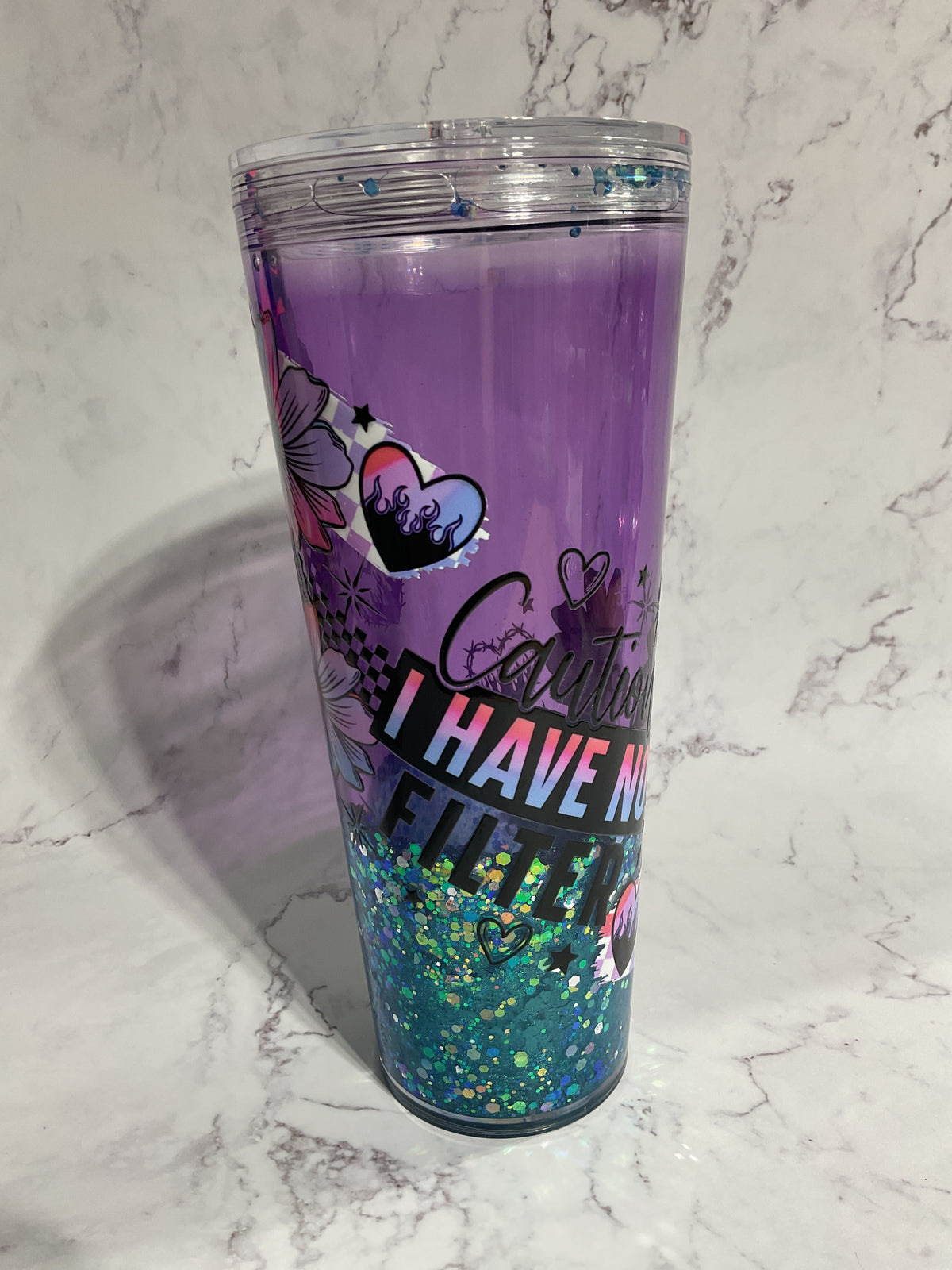 Caution I Have No Filter - 24oz Purple Blue Slow Dual Lava Snow Globe Tumbler