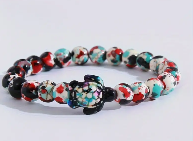 Multi-colored Spotted Turtle Charm - Beaded Bracelet