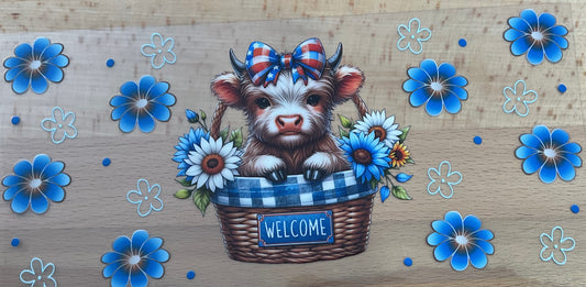 Cow Basket Blue Flowers - UV DTF Tumbler Wrap