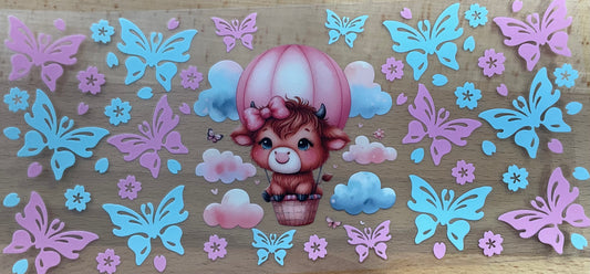 Cow Air Balloon Pink Blue Butterflies - UV DTF Tumbler Wrap