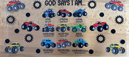 God Says I Am Monster Trucks Scriptures - UV DTF Tumbler Wrap
