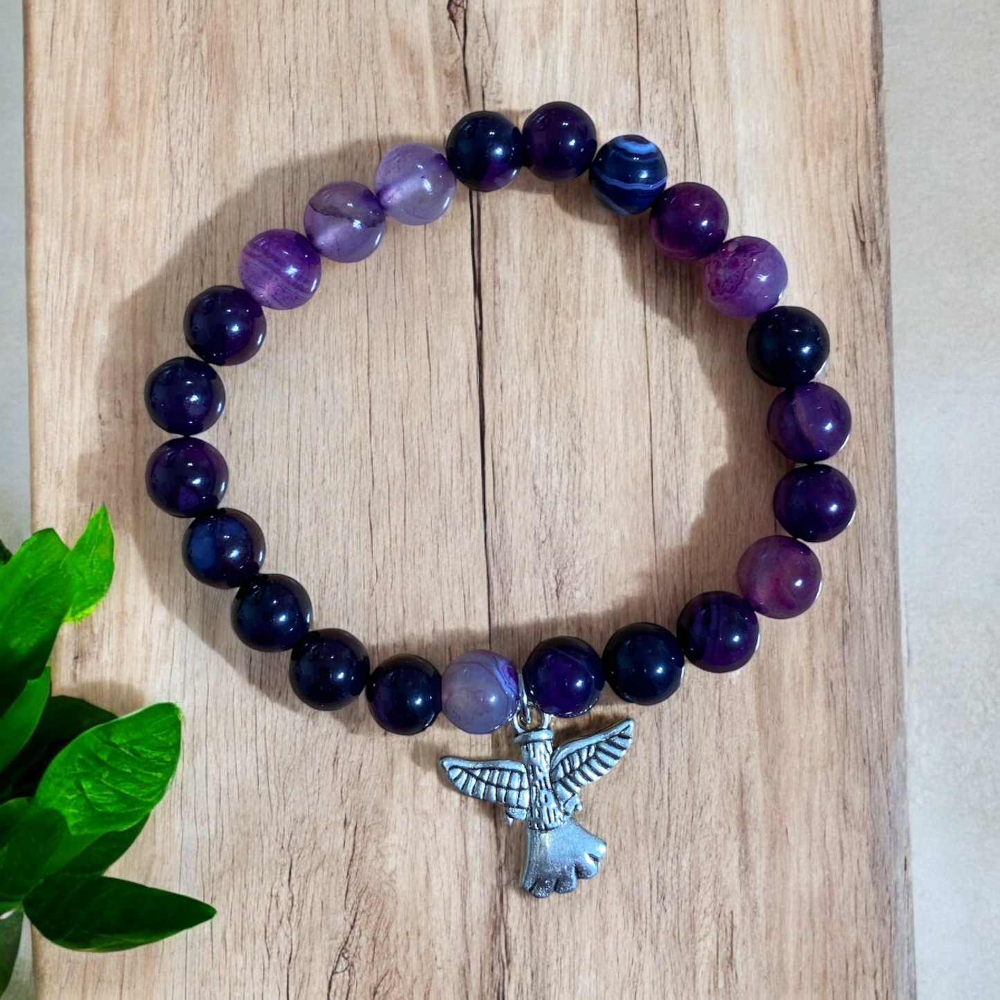 Purple Agate with Angel Charm - Beaded Bracelet