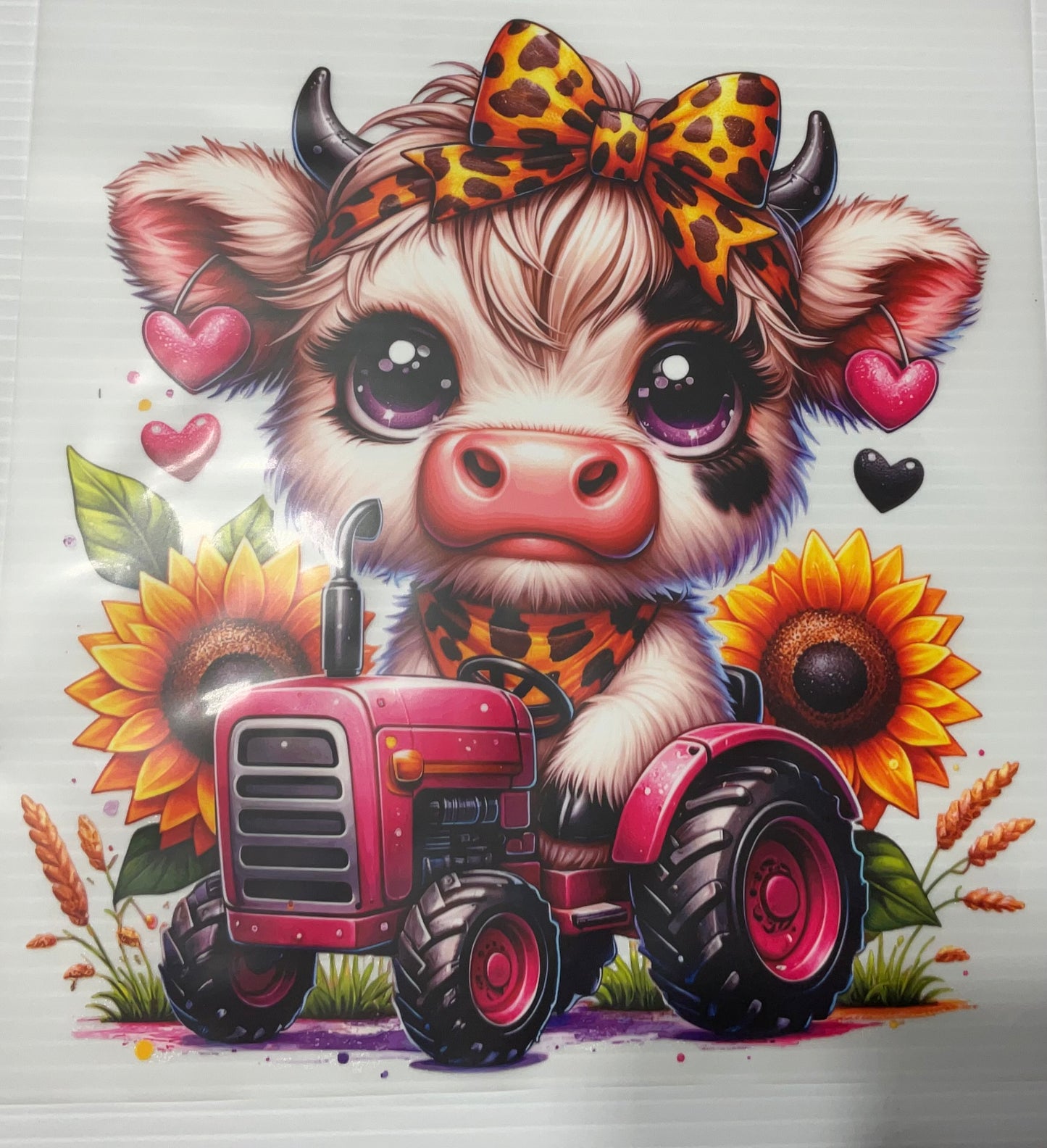 Cow on Pink Tractor with Leopard Bow