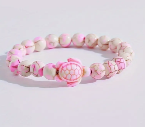 Pink White Turtle Charm - Beaded Bracelet