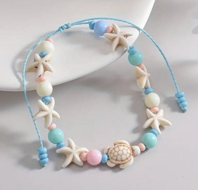 Pastel Adjustable Starfish Turtle Charm - Beaded Bracelet