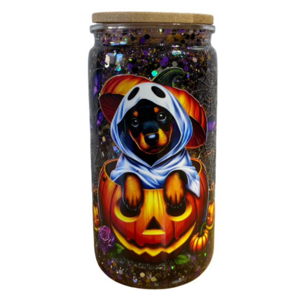 16oz Snow Globe Halloween Puppy Glitter Tumbler
