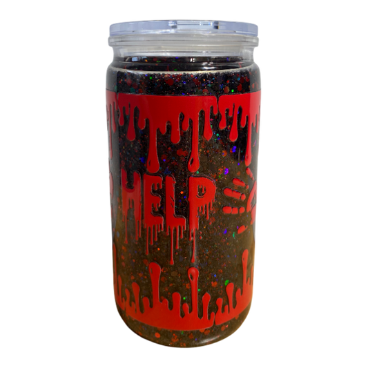 HELP - 16oz Black Holographic Glitter Snow Globe Tumbler