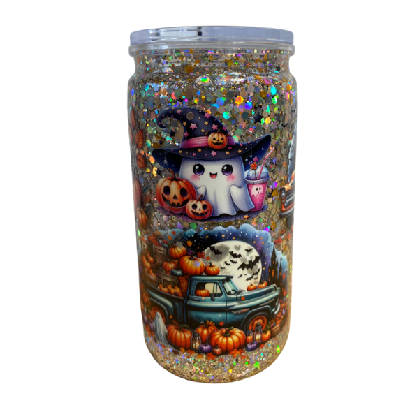 16oz Halloween Ghost and Pumpkins Snow Globe Glitter Tumbler