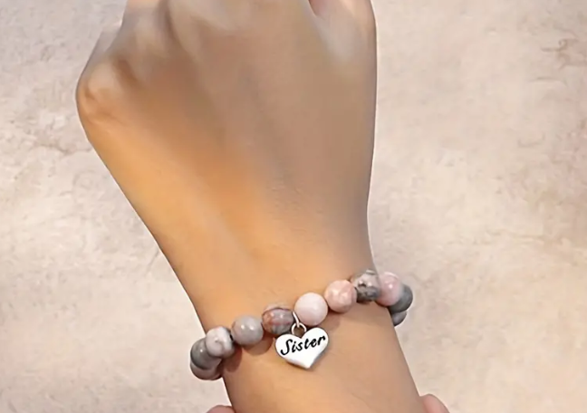 Pink Zebra Jasper Beads with Sister Charm - Beaded Bracelet
