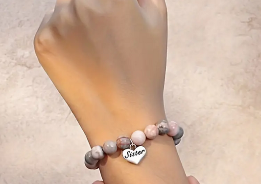 Pink Zebra Jasper Beads with Daughter Charm - Beaded Bracelet