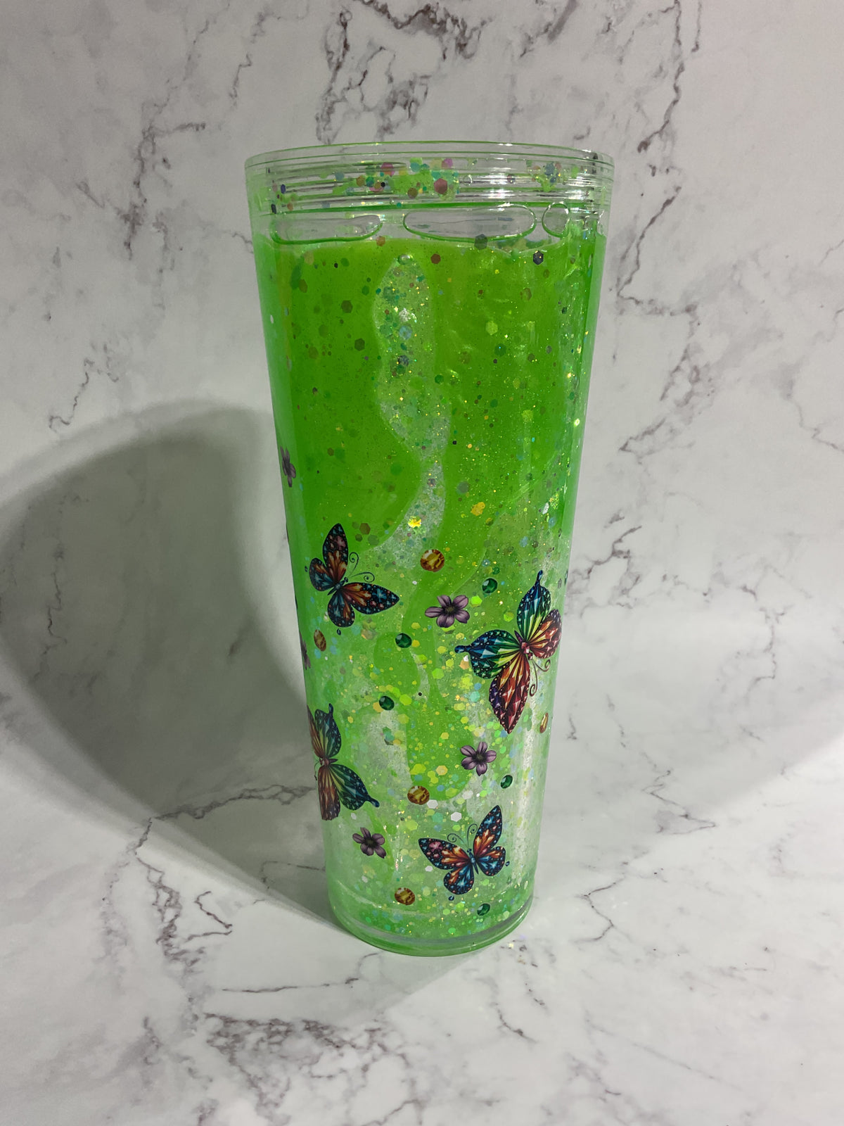 24oz Lime Green Gemstone Butterfly Lava Snow Globe Tumbler