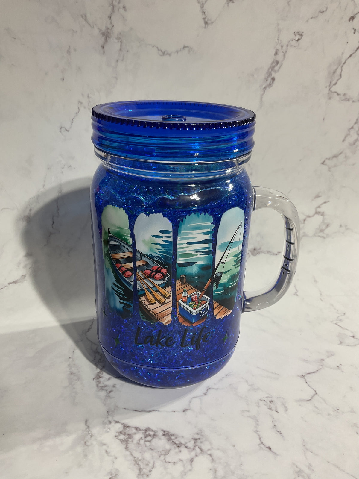 20oz Mason Lake Life - Blue Suspended Bubble Glitter - Snow Globe Tumbler
