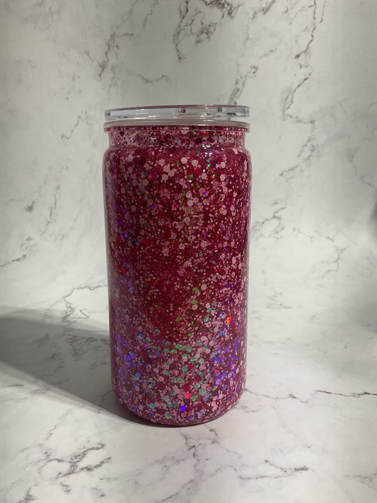 16oz Pink Suspended Glitter Snow Globe Tumbler