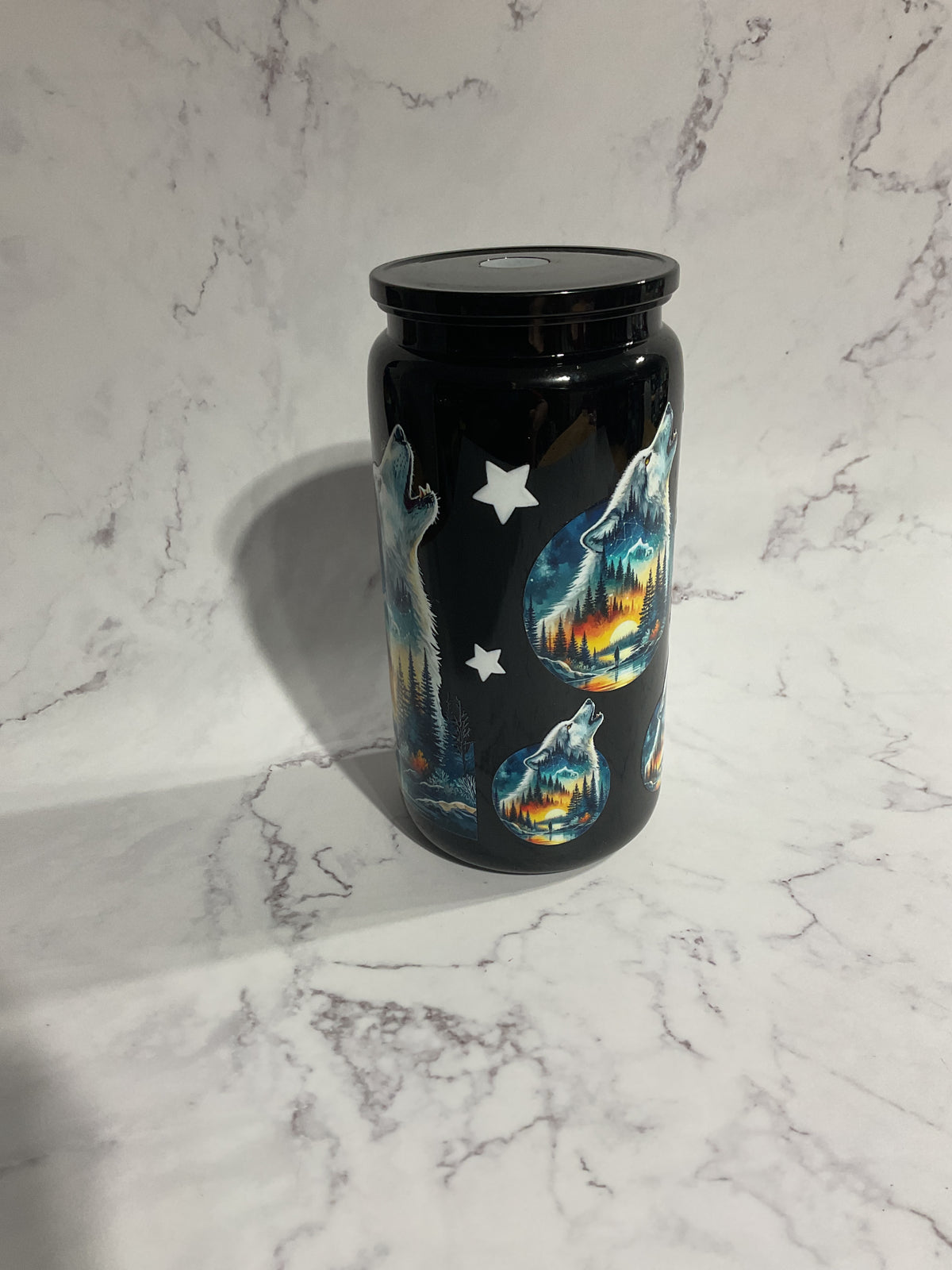 16oz Wolves with Lake Scene - Black Premade NON-Snow Globe Tumbler