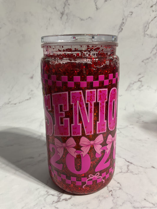 16oz Red Holographic Pink SENIOR 2026 Suspended Glitter Snow Globe Tumbler