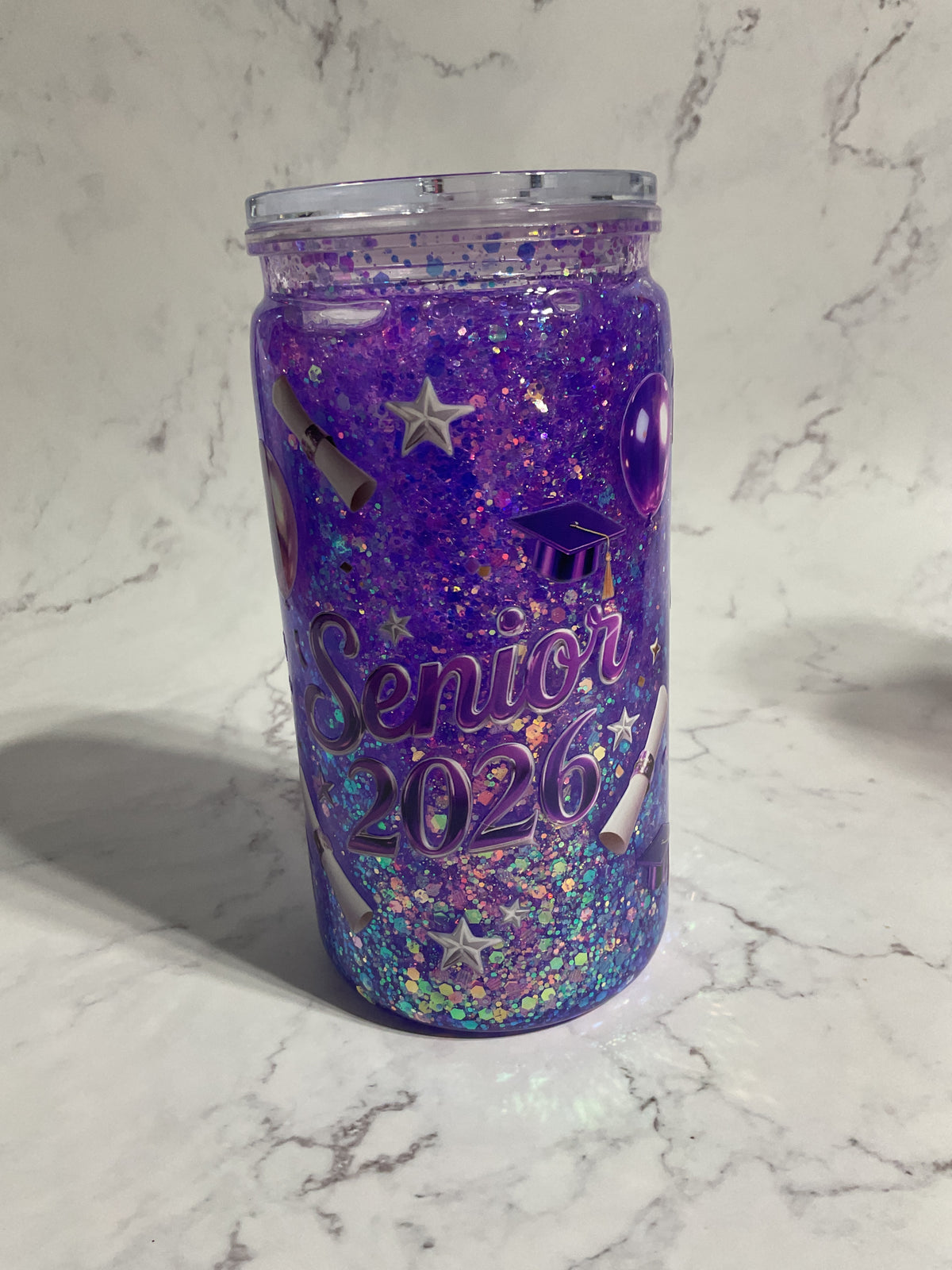 16oz Purple SENIOR 2026 Suspended Glitter Snow Globe Tumbler