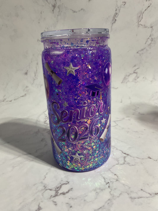 16oz Purple SENIOR 2026 Suspended Glitter Snow Globe Tumbler