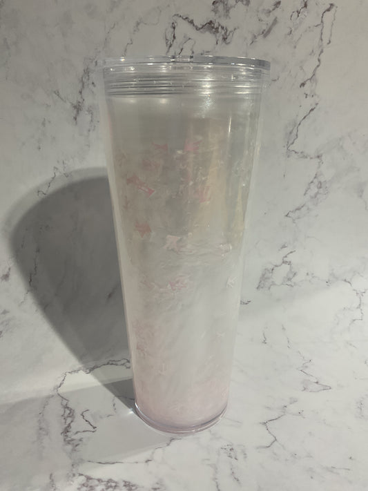 24oz White Suspended Mica Pink LV - Snow Globe Tumbler