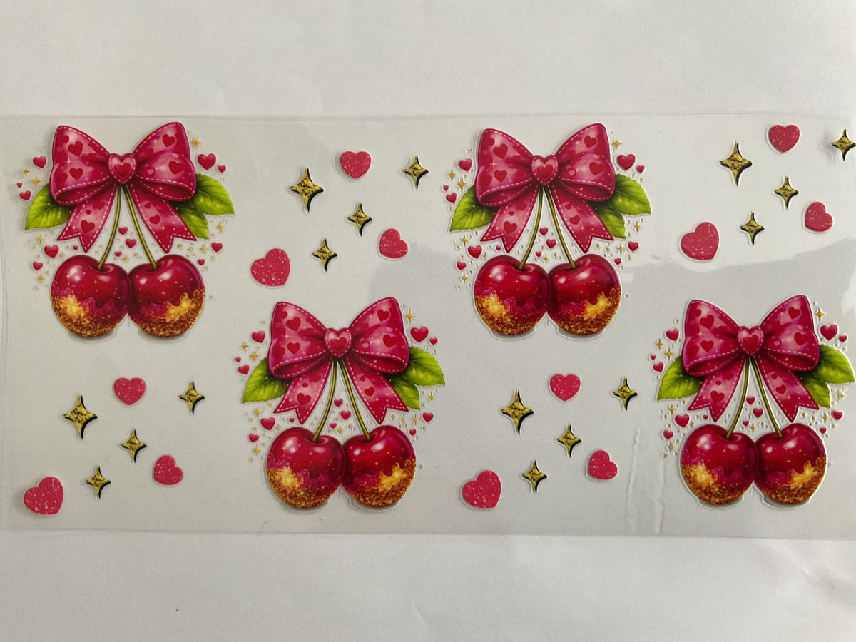 Cherries Gold Red Heart Ribbon - UV DTF