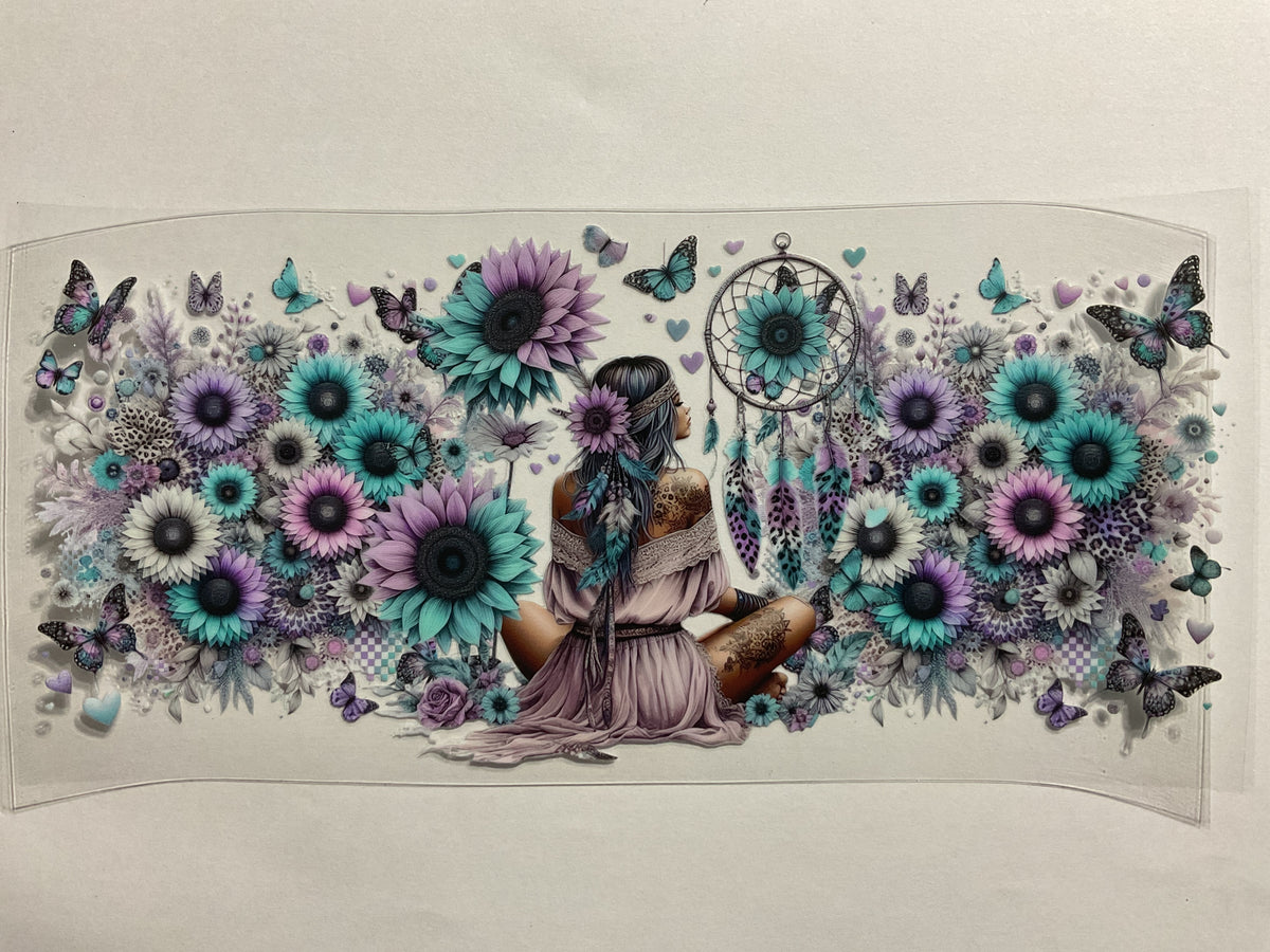 Tattoo Girl Purple Teal Sunflowers Butterflies - UV DTF