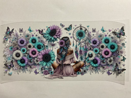 Tattoo Girl Purple Teal Sunflowers Butterflies - UV DTF
