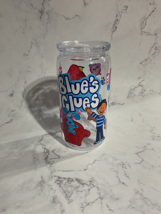 16oz Blue Pink Dog - Clear Premade NON-Snow Globe Tumbler