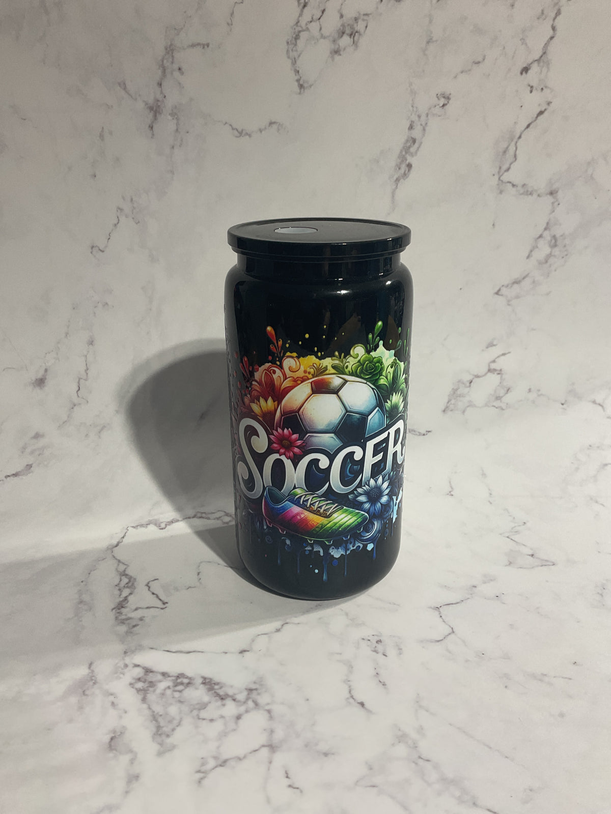 16oz Black Soccer - Premade NON-Snow Globe Tumbler