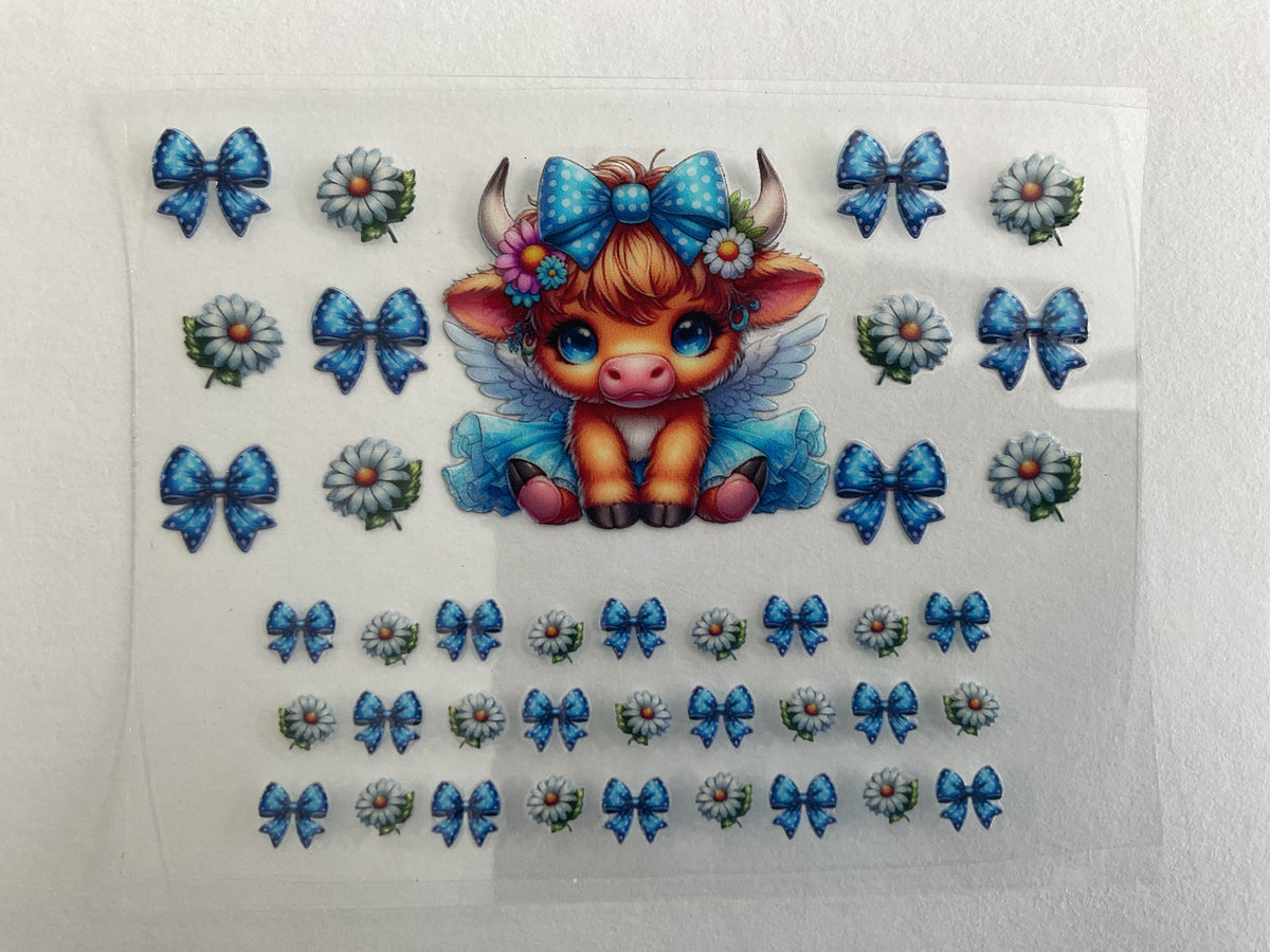 Highland Cow Blue Bows White Flowers - Tumbler Keychain Wrap