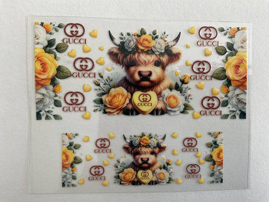 G Yellow White Flower Highland Cow - Tumbler Keychain Wrap