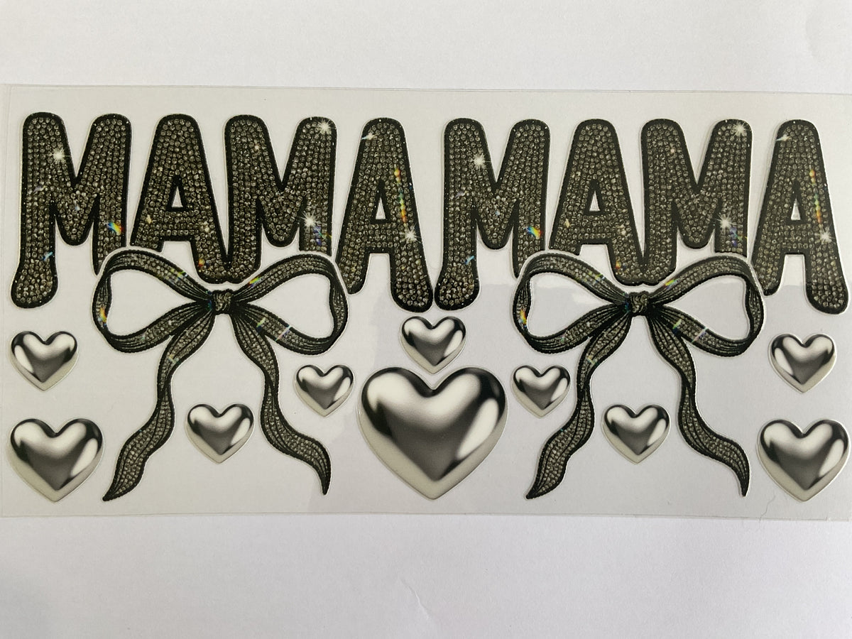 Mama with Rhinestone & Silver Hearts - UV DTF Tumbler Wrap