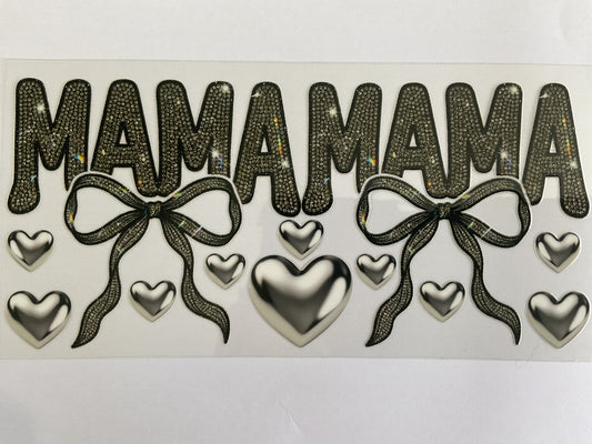 Mama with Rhinestone & Silver Hearts - UV DTF Tumbler Wrap