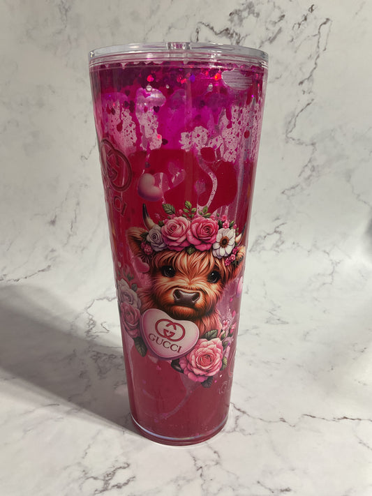 24oz G Highland Cow Holo Pink Mini Hearts Lava Snow Globe Tumbler