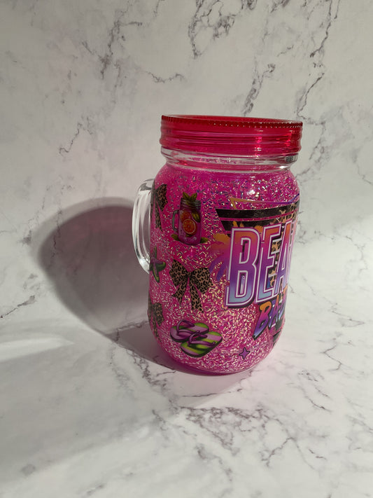 20oz Mason Beach Babe - Pink Bubble Glitter Snow Globe Tumbler