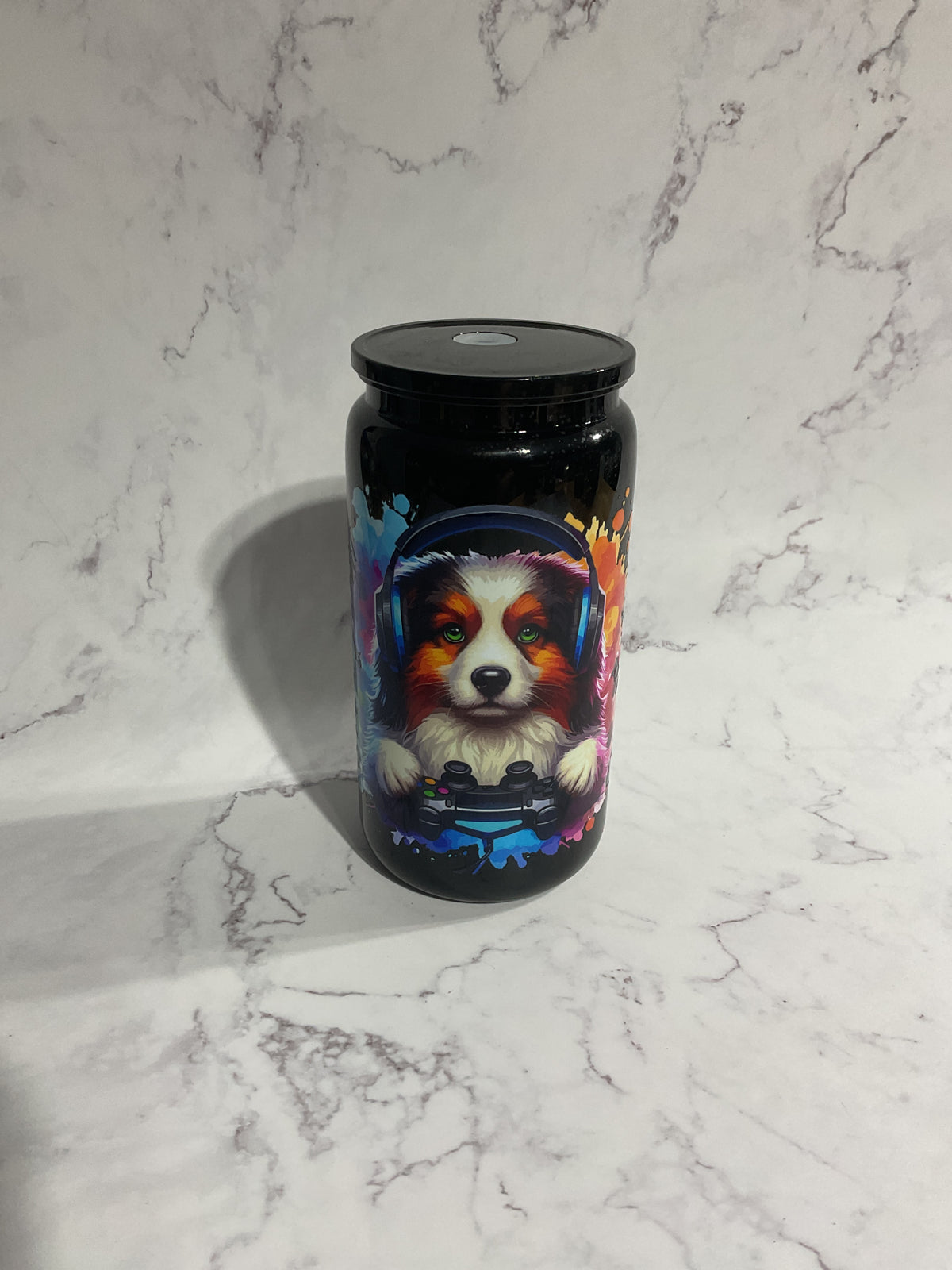 16oz Dog Gamer - Black Premade NON-Snow Globe Tumbler