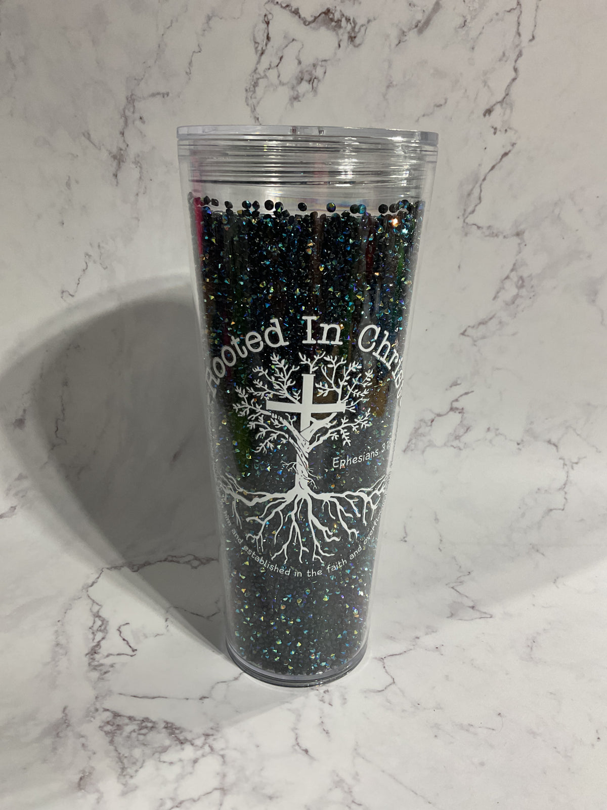 Rooted in Christ - 24oz Black Crystals Snow Globe Tumbler