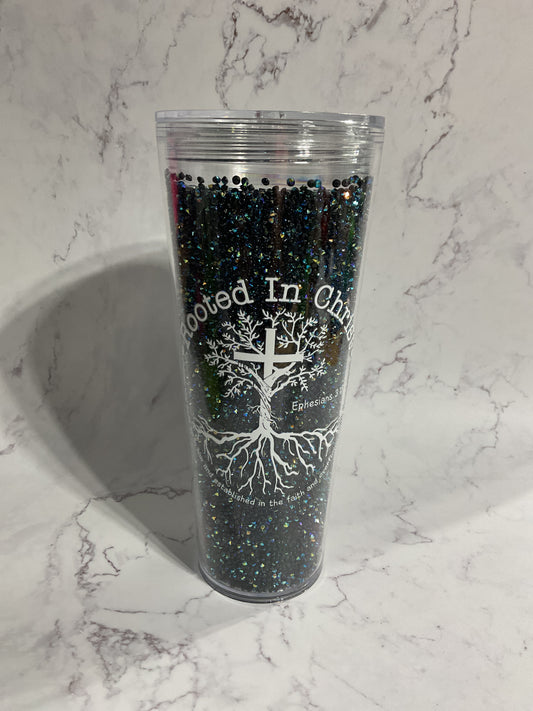 Rooted in Christ - 24oz Black Crystals Snow Globe Tumbler